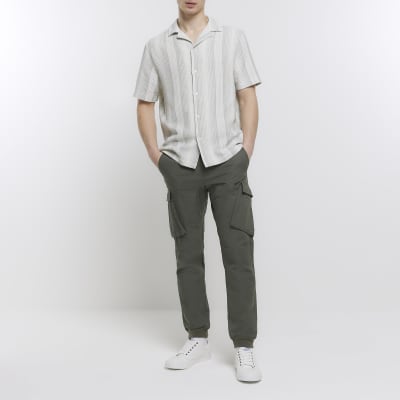 Green regular fit striped revere shirt