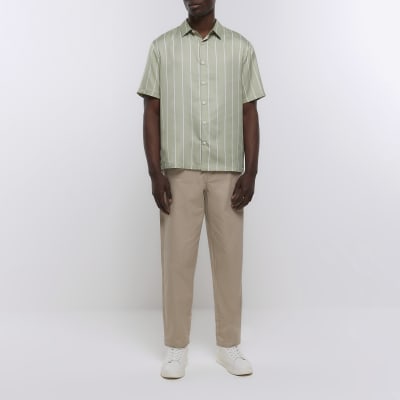 Green regular fit striped short sleeve shirt