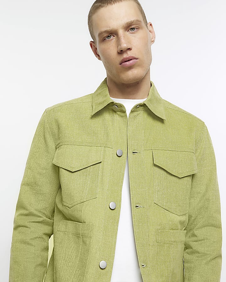 Green regular fit twill western jacket