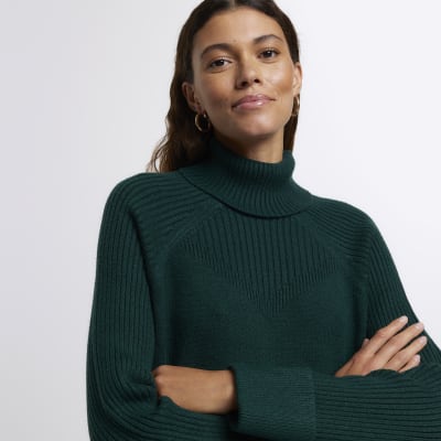 Green rib roll neck jumper River Island