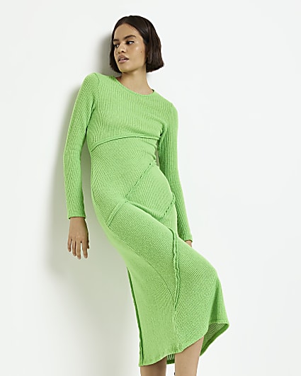 Green rib seam detail bodycon midi dress