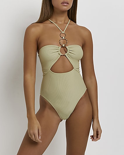 Green ribbed cut out swimsuit
