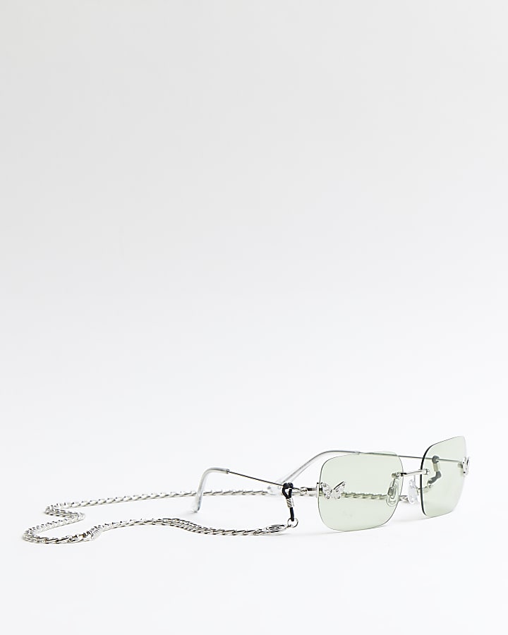 Green rimless rectangular frame sunglasses