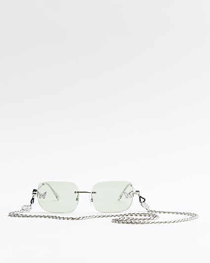 Green rimless rectangular frame sunglasses