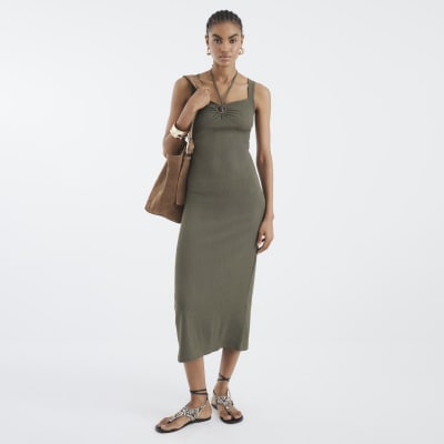 Green Ring Trim Textured Midi Dress