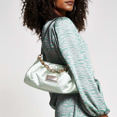 Green rouched satin underarm handbag