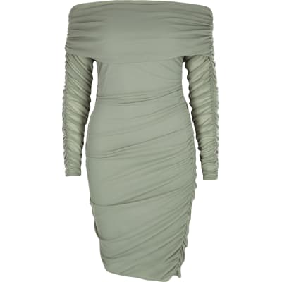 ruched bardot bodycon dress