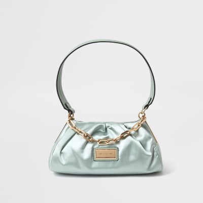 Green ruched satin underarm bag River Island