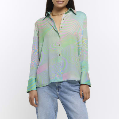Green satin abstract print shirt