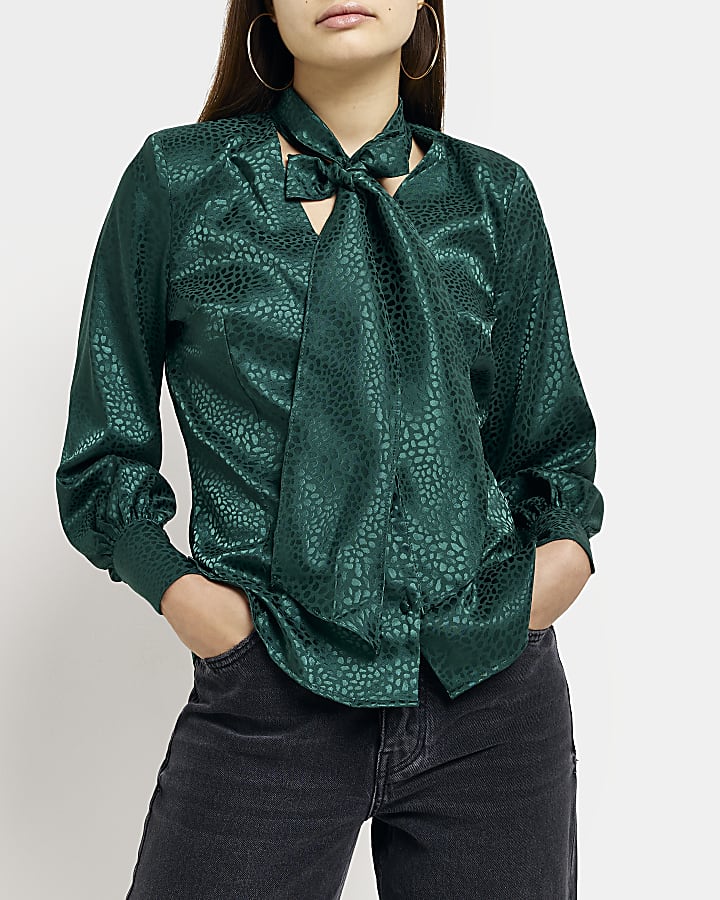 Green satin animal print pussybow blouse