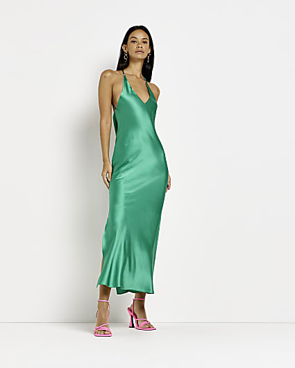 Green satin backless slip maxi dress