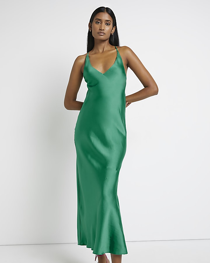 Green satin backless slip maxi dress