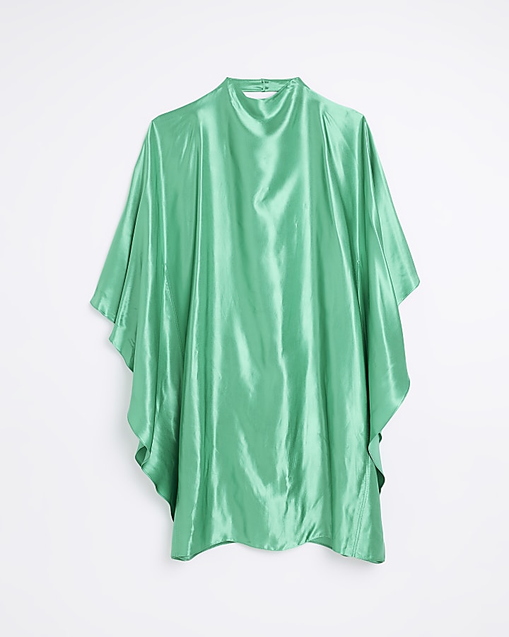 Green satin batwing smock midi dress