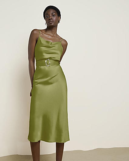 Green satin belted slip midi dress