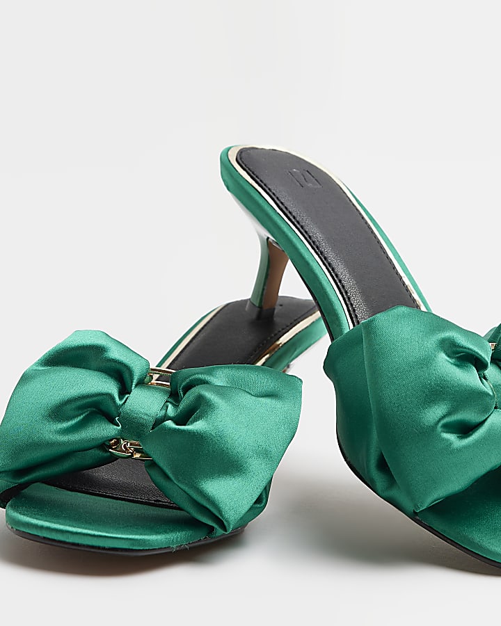 Green satin bow detail heeled mules