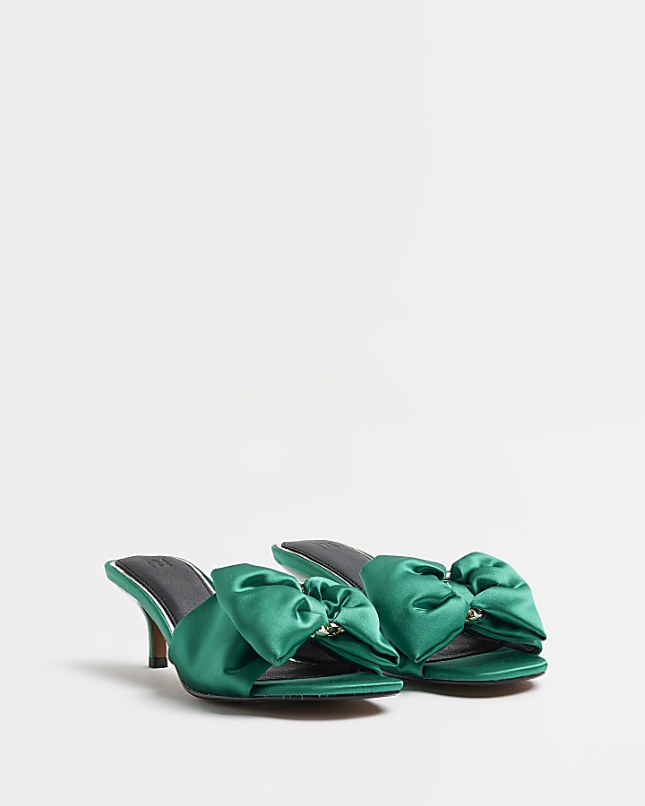 Green satin bow detail heeled mules