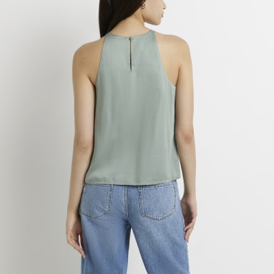 Green satin embroidered top