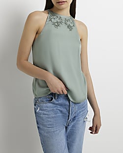 Green satin embroidered top