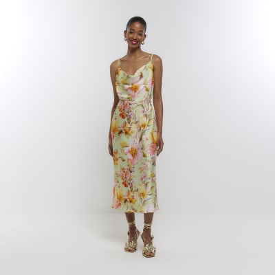 Green satin floral cowl neck slip midi dress