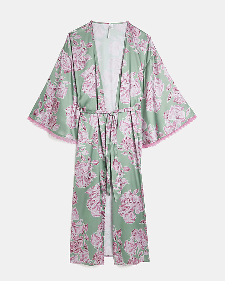 Green satin floral kimono