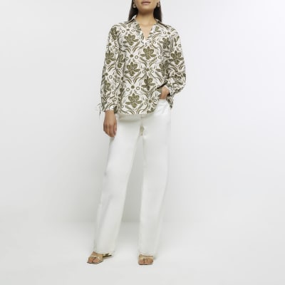 Green satin floral oversized shirt