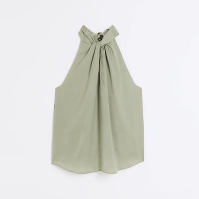 Green satin halter neck blouse River Island