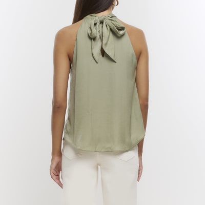Green satin halter neck blouse River Island
