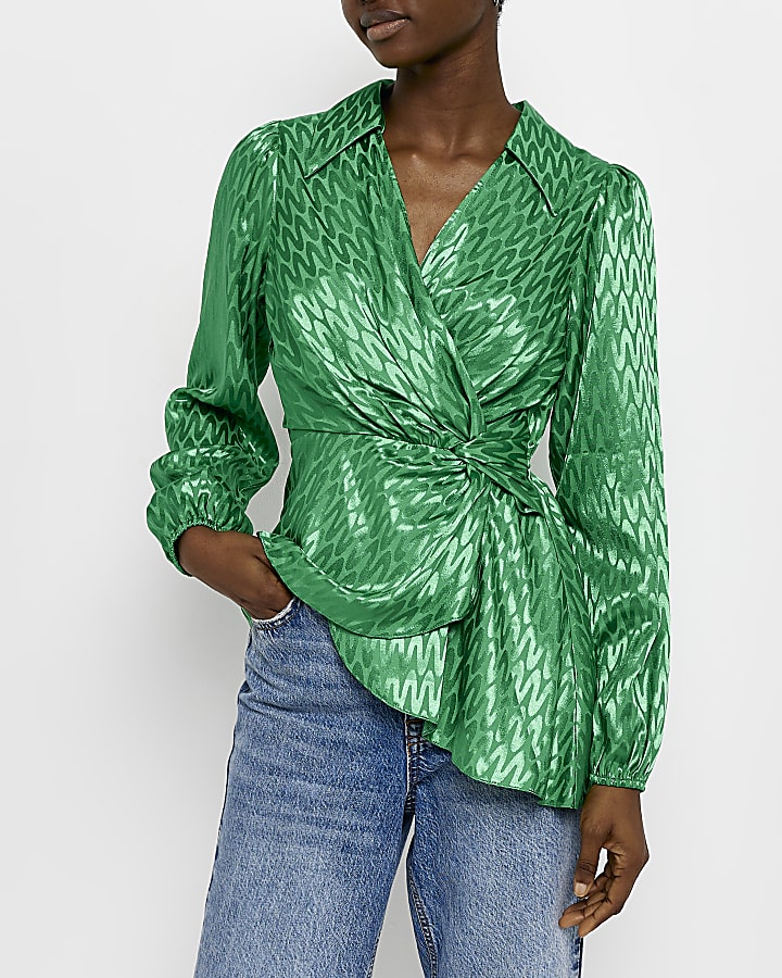 Green satin jacquard long sleeve blouse