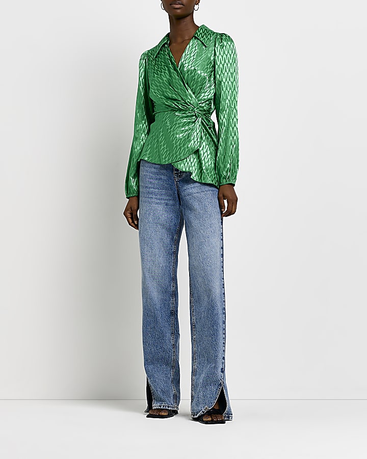 Green satin jacquard long sleeve blouse