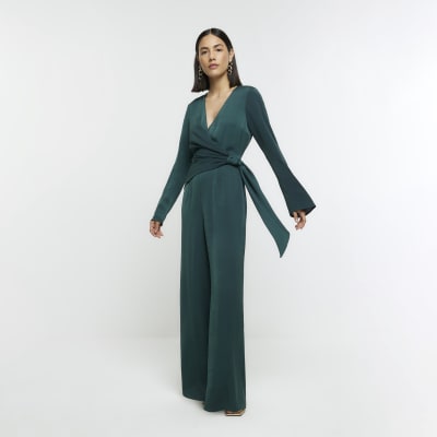 Green satin knot detail jumpsuit | River Island