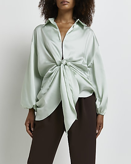 Green satin knot front shirt