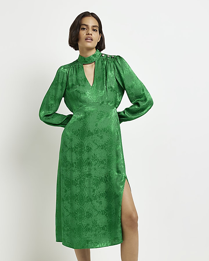 Green satin long sleeve midi dress
