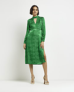 Green satin long sleeve midi dress