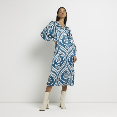 Green satin long sleeve midi swing dress River Island