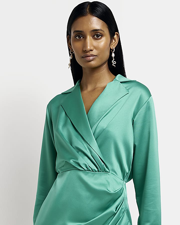 Green satin long sleeve wrap blazer dress