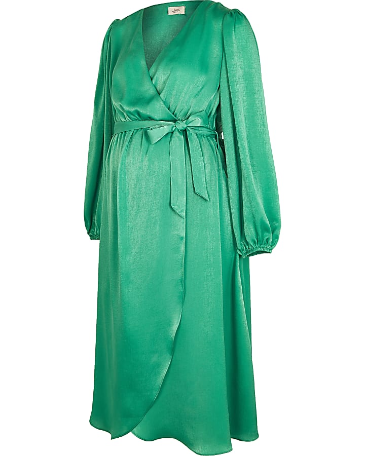 Green satin maternity wrap midi dress