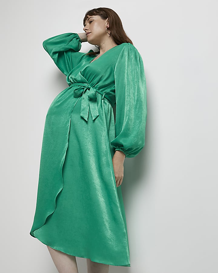Green satin maternity wrap midi dress