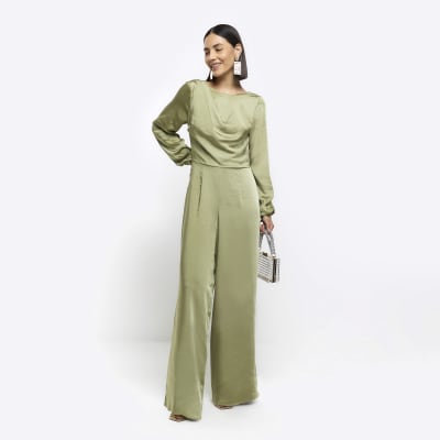 Green satin open back jumpsuit | River Island