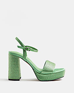 Green satin platform heeled sandals