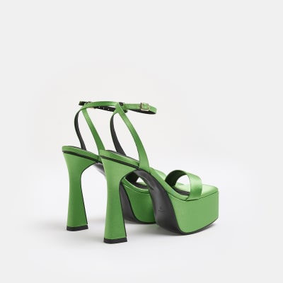 green satin platform heels