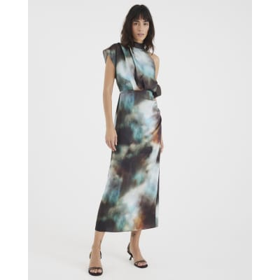 Green Satin Printed High Neck Midi Dress