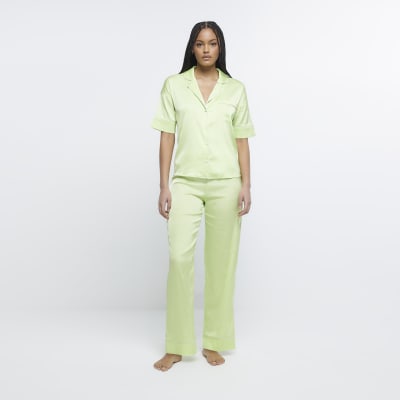 Green satin pyjama top River Island