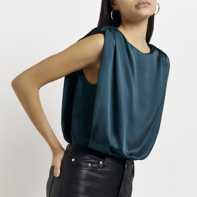 Green satin shoulder pad blouse River Island