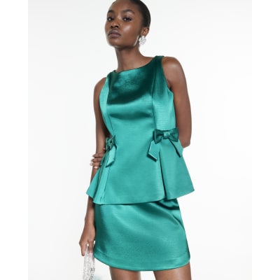 Green Satin Sleeveless Bow Peplum Top