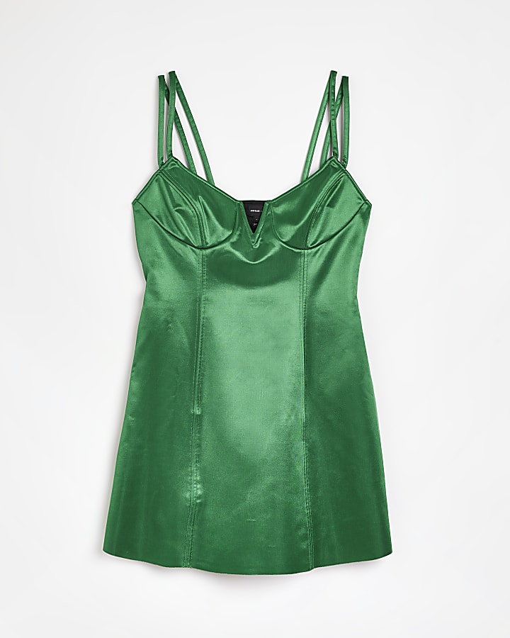 Green satin slip mini dress