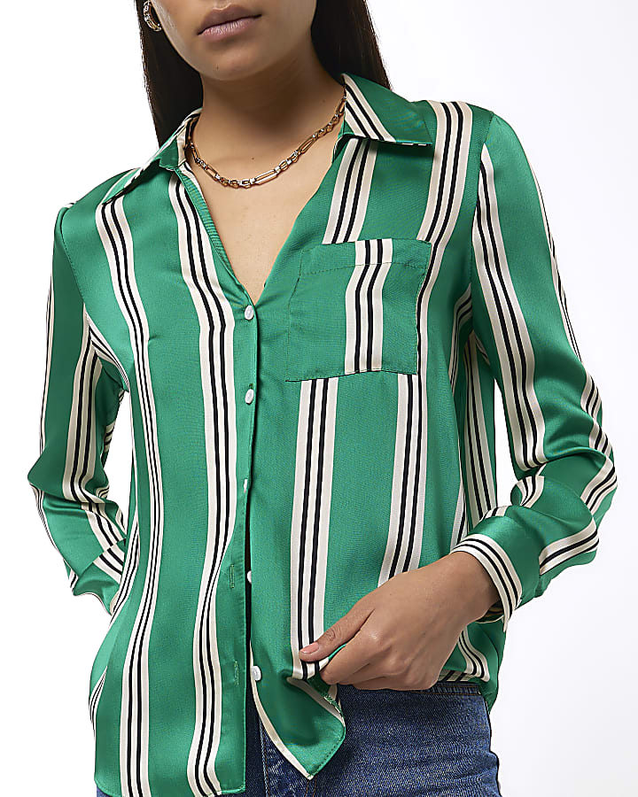 Green satin striped shirt