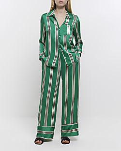 Green satin striped wide leg trousers