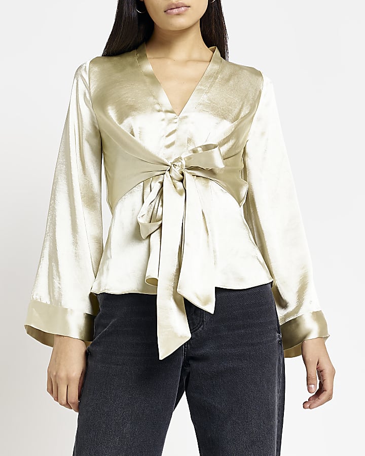 Green satin tie front blouse