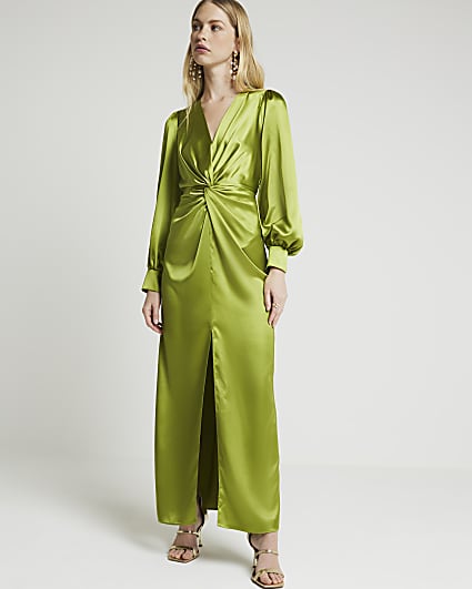 Green satin twist front shift maxi dress