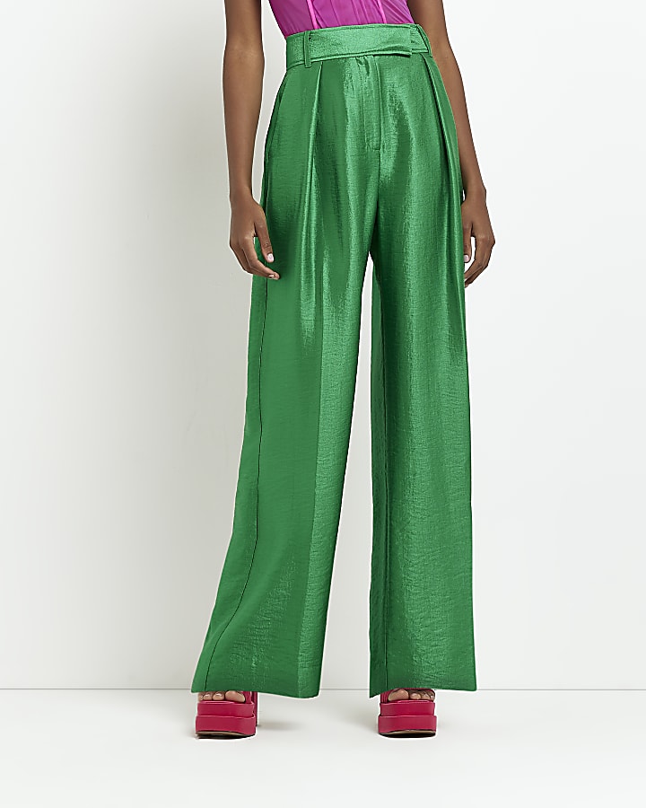 Green satin wide leg trousers